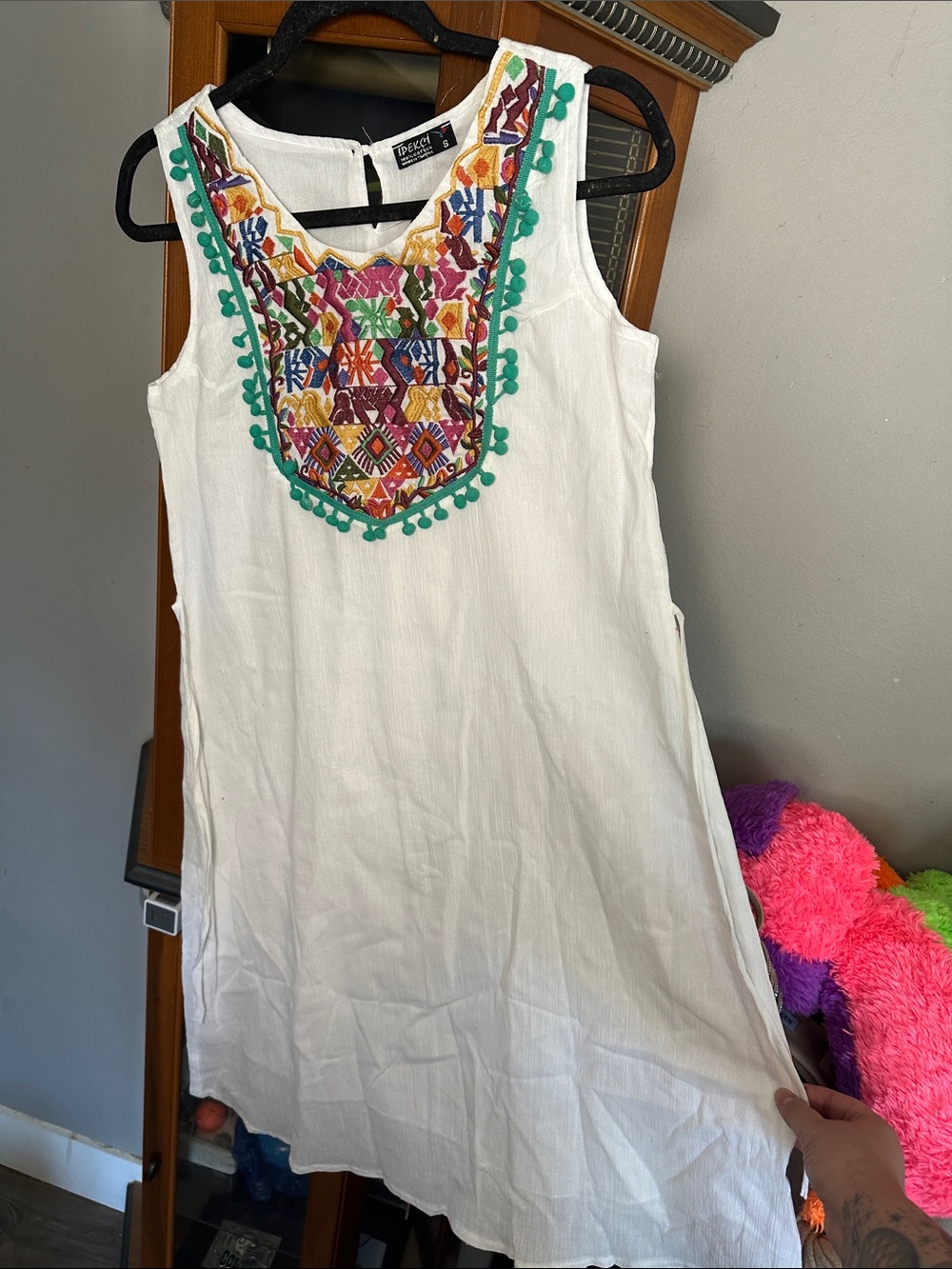 Sleeveless White Embroidered Shift Dress with Green Trim